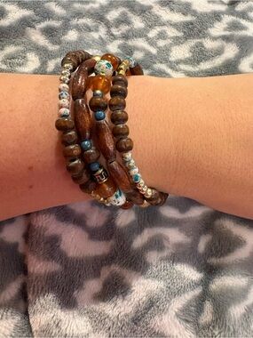 Layered Boho Wood & Bead Wrap Bracelet — Brown & Blue Accent